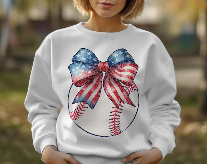Patriotic Baseball Coquette T-Shirt, American Flag Bow on Baseball, Baseball Mom, Star-Spangled Holiday Tee