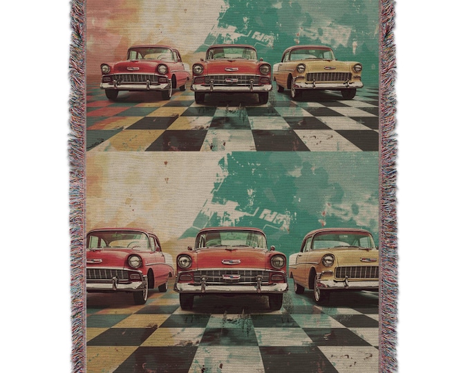 Vintage Cars Woven Blanket, Classic Car Design Throw, Retro Car Tapestry, Cozy Home Decor, Unique Vintage Auto Blanket