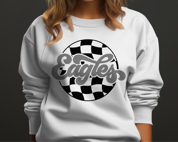 Coquette Aesthetic Sweatshirt, Retro Checkered Eagle Print, Vintage Inspired Graphic Pullover, Cozy Streetwear Crewneck