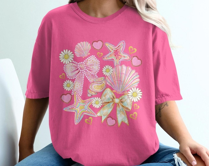 Cute Seashell and Bow Design T-Shirt, Colorful Starfish and Heart Illustration Tee, Charming Daisy Flowers Print Shirt