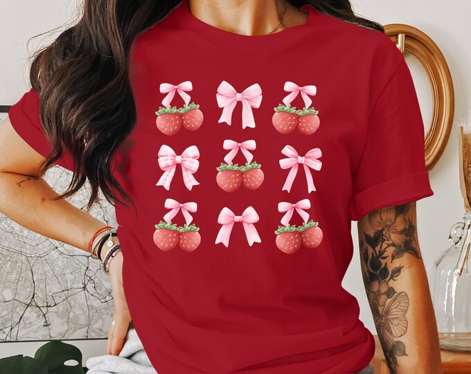 Coquette Patriotic Boots Bows and Berries T-Shirt, Girl Girl Era Shirts, Preppy Coquette Tees, Adorable Bow Berry Tee