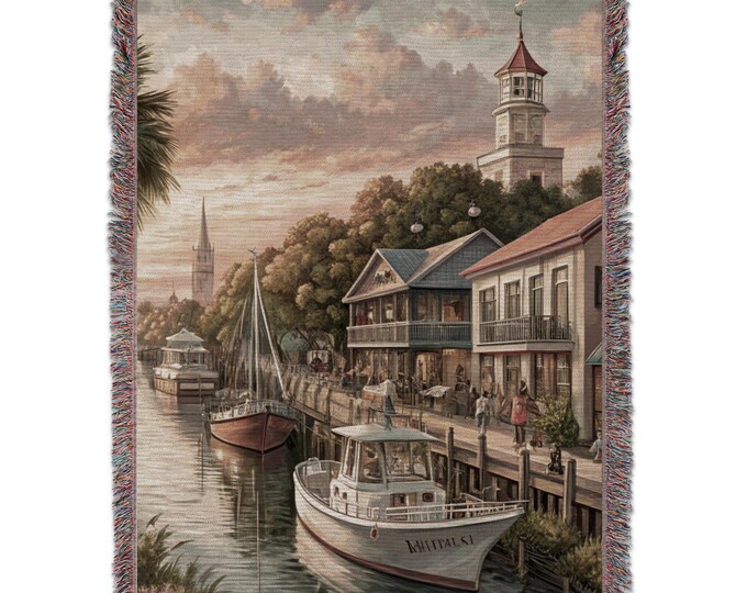 Shem Creek South Carolina Woven Blanket, Coastal Village Art Blanket, Boat Scene Blanket, Quayside Blanket,  Landscape Blanket