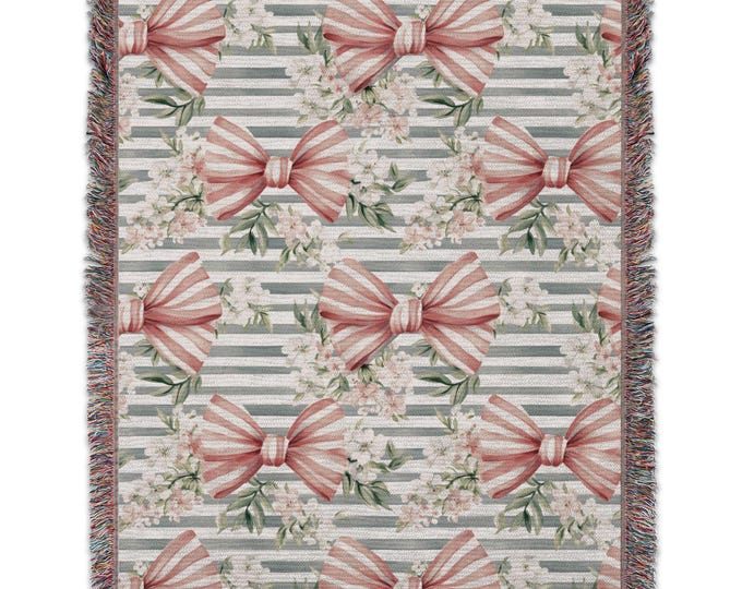 Cute Bows and Floral Pattern Blanket, Blue White Stripes Background Blanket, Elegant Decorative Throw Blanket for Home Decor