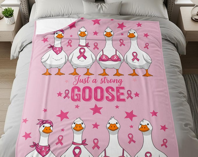 Breast Cancer Awareness Strong Goose Blanket, Cozy Pink Ribbon Supportive Goose Blanket, Inspirational Breast Cancer Gift Blanket