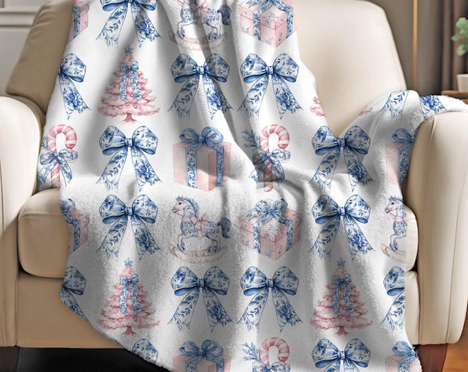 Coquette Blue Bow & Pink Christmas Tree Blanket, Grand Millennial Holiday Nursery, First Cmas Blanket, Gift for New Mom, Baby Shower Gift
