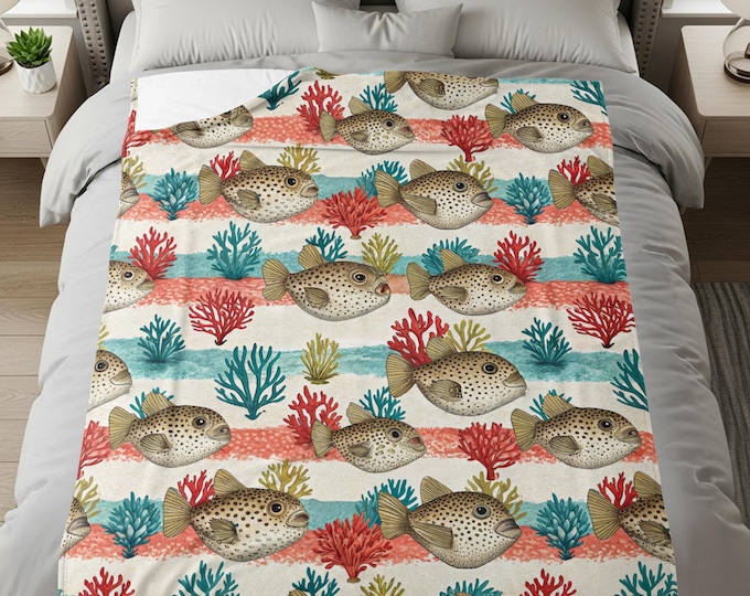Cute Puffer Fish and Coral Pattern Blanket, Sea Life Design Velveteen Plush Throw, Cozy Ocean Themed Bedding, Marine Decor Gift Idea