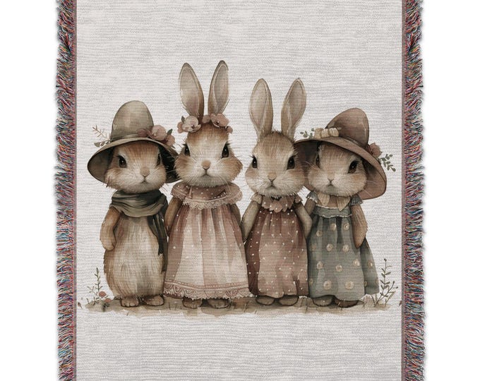 Bunny Rabbit Design Woven Blanket 60x80 inches, Soft Cotton Fringed Throw, Cozy Multi-colored Animal Blanket, Bunny Art Decor, Wall tapestry