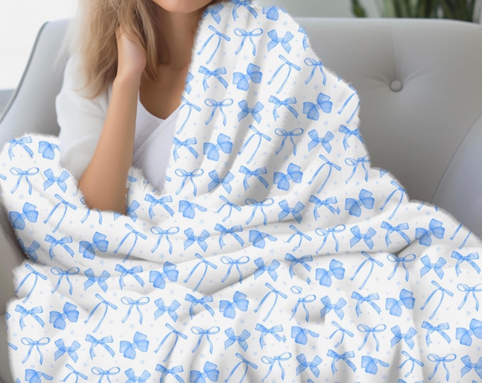 Coquette Blue Bow Sherpa Blanket | Ultra-Soft Floral Sherpa Throw | Cozy Fall Grandmillennial Blanket For New Mom Gift For New Baby Nursery