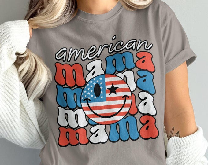Retro Smiley Face American Mama T-Shirt, Smiley Patriotic Tee, 4th of July Shirt, USA Flag, Mama Bear T Shirt, Mom Gift, Trendy Flag Shirt