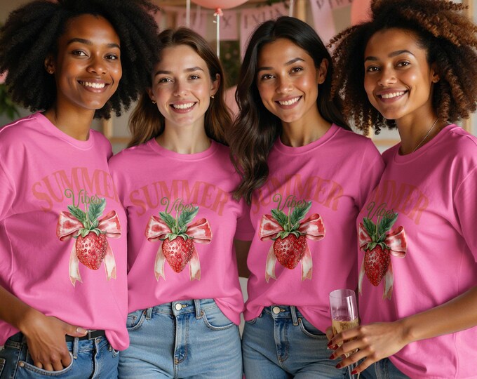 Strawberry Coquette Bow T-Shirt | Summer Aesthetic Tee | Cottagecore Coquette Style | Vintage-Inspired Graphic Tee | Soft Relaxed Fit