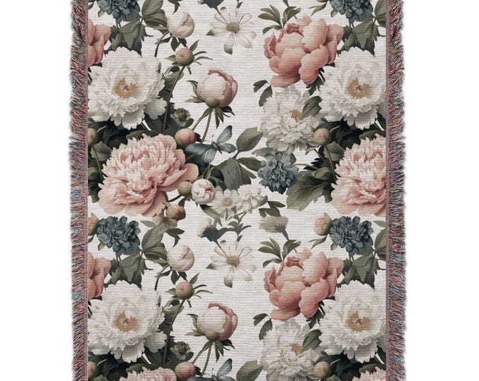 Floral Blanket, Peony and Butterfly Blanket, Botanical Print Blanket, Flower Garden Blanket, Elegant Home Decor, Lightweight Blanket, Warm