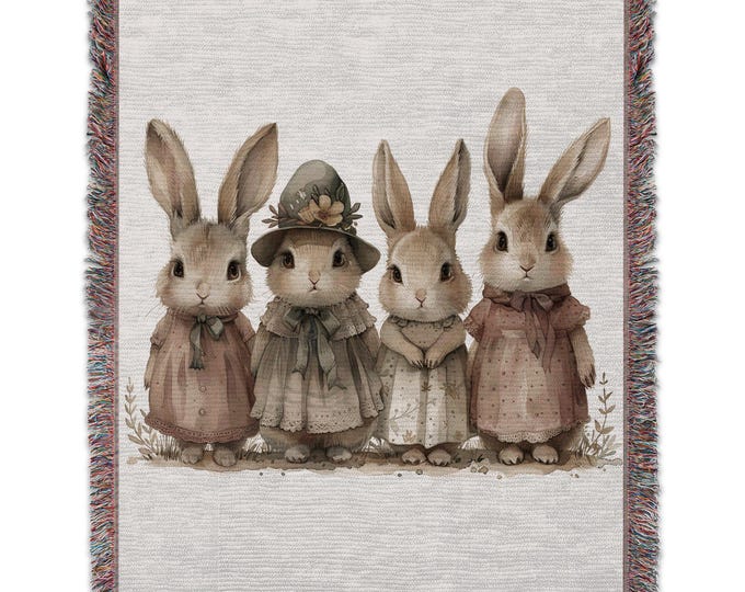 Cottagcore Bunny Woven Blanket, Dressed Up Bunny Family Throw, Bunny Wall Tapestry, Shabby Chic Woven Blanket, Easter Decor, Nursery gift