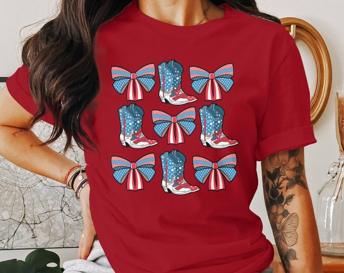 Coquette Patriotic Boots, Bows, and Berries, Girl Girl Era Shirts, Preppy Coquette Tees, American Flag, Chic Western Style T-shirt