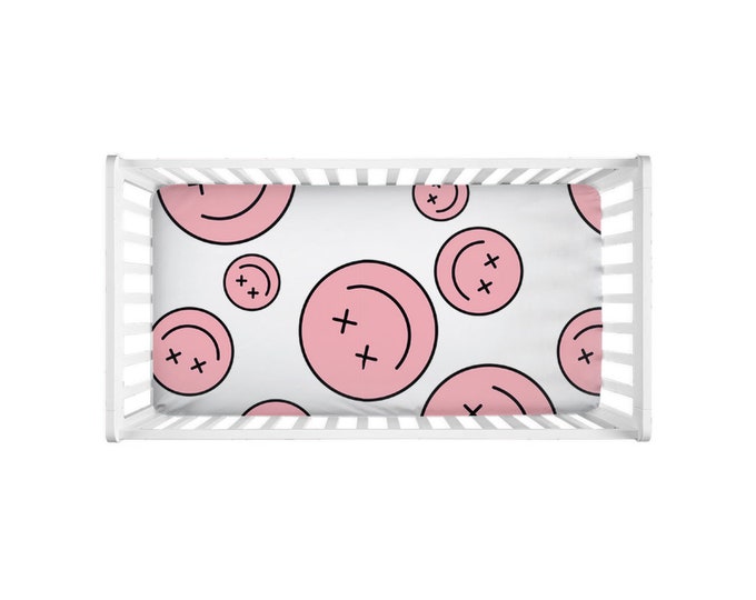 Retro Pink Smiley Face Jersey Knit Crib Sheets for Baby Shower Gift Pink Retro Smiley face bedding for retro nursery baby gift for new mom