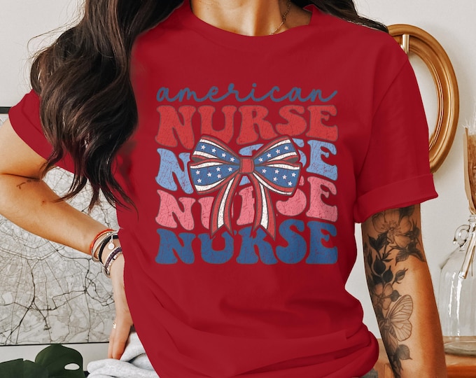 American Nurse TShirt, Coquette Patriotic Boots, Bows, and Berries, Girl Girl Era Shirts, Preppy Coquette Tees