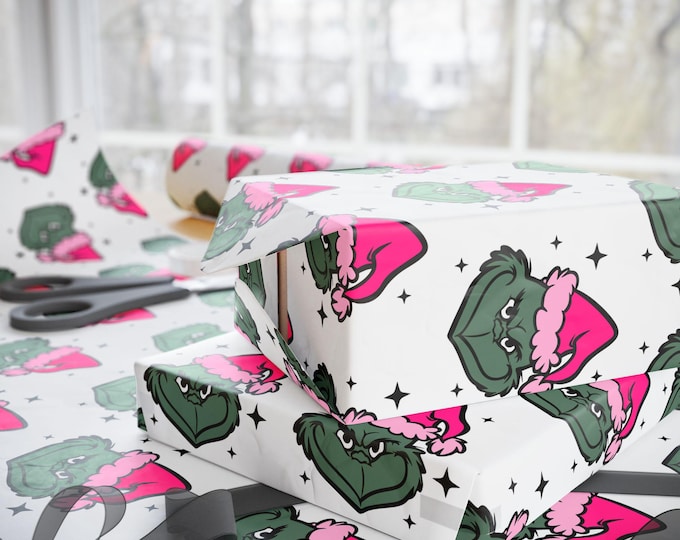 Grinch with Pink Santa Hat Wrapping Paper, Grinch Christmas Paper, Pink Santa Hat Grinch Paper, Holiday Gift Wrap, Custom Gift Wrap