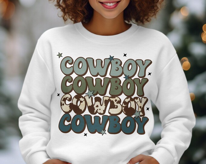 Cowboy Print Sweatshirt, Retro Western Style Sweatshirt, Bold Text Cowboy Pullover, Graphic Cowboy Sweater, Trendy Cowboy Top
