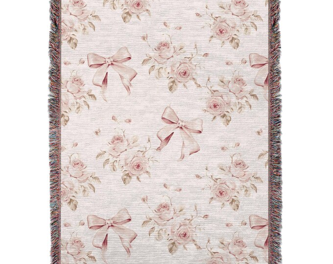 Coquette Bows & Pink Rose Blankets, Floral Blankets, Shabby Chic Blankets, Cottagecore Blankets, Bow Blankets,Girl Blankets, Floral Blankets