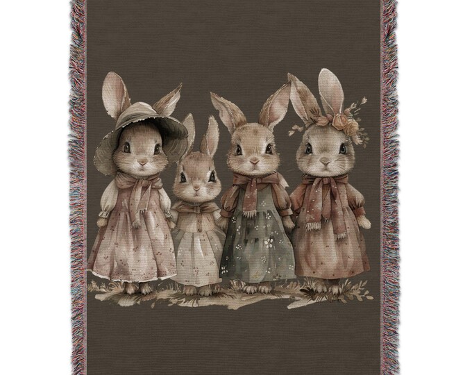 Cute bunny family graphic woven blanket, cozy animal theme throw, perfect for home decor, great gift idea, soft cotton yarn, 60x80 inches
