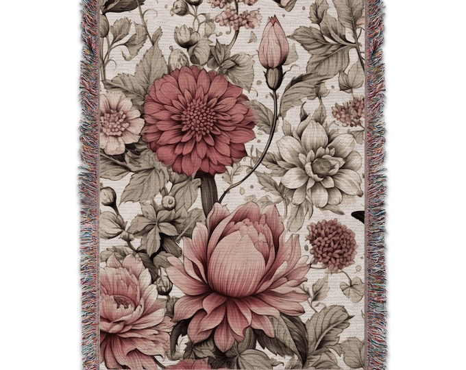 Floral cozy blanket woven sofa throw botanical wall tapestry cottagecore picnic woven vintage blanket rug custom housewarming gift decor