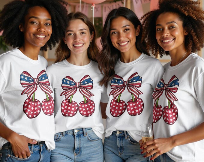 Patriotic Cherries Bow T-Shirt, Fourth of July Shirt, American Flag Bow Tee, USA Patriotic Graphic Tee, Stars and Stripes T-Shirt