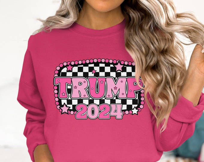 Trump 2024 Tee, Pink Trump Checkered Shirt, Maga Support, Trump Rally T Shirt, Gift for Trump Fan, Trump Supporter Apparel