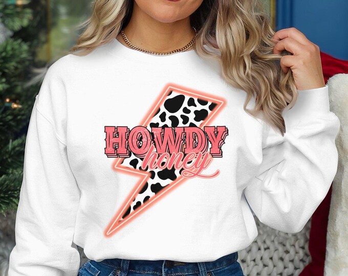 Howdy Honey Lightning Bolt Graphic Sweatshirt, Trendy Western Cow Print Sweatshirt, Cute and Stylish Sweatshirt for Women and Teens