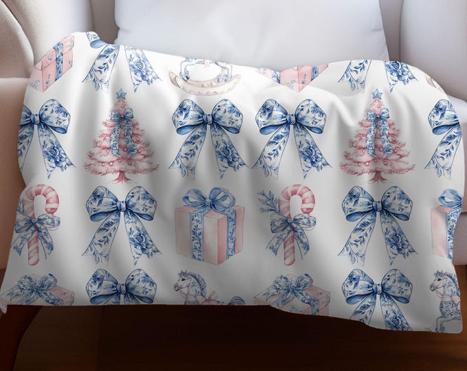 Christmas Coquette Rocking Horse Blanket, Pastel Pink and Blue Holiday Decor, Gift Print Blanket, Cozy Festive Throw Blanket