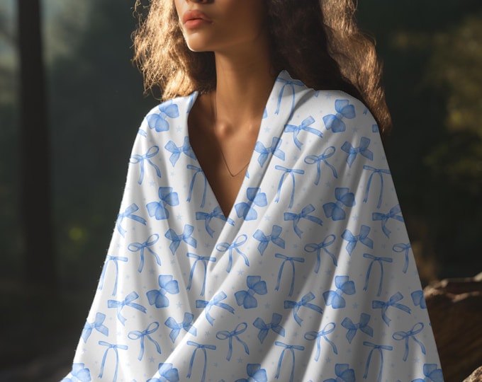 Coquette Blue Bow Sherpa Blanket | Ultra-Soft Floral Sherpa Throw | Cozy Fall Grandmillennial Blanket For New Mom Gift For New Baby Nursery