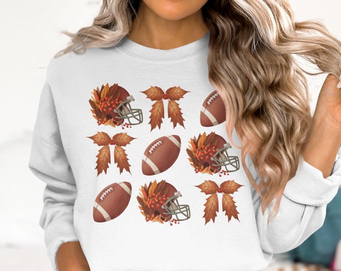 Fall Coquette Football Sweatshirt, Thanksgiving Sweatshirt, Autumn Leaves and Football Graphic, Cozy Fall Hoodie, Seasonal Sportswear Gift