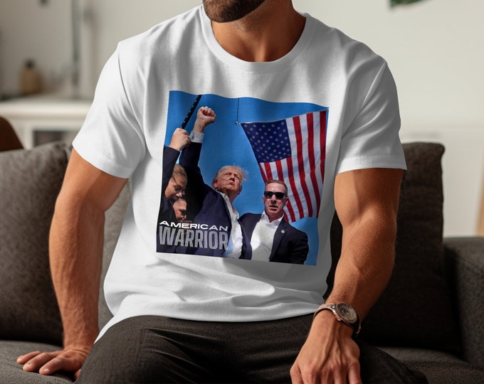 Trump American Warrior Patriotic T-Shirt, American Flag Shirt, Trump Assassination Attempt Tee, USA Pride Tee, Trump Patriotic Graphic Tee