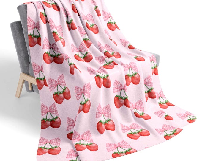 Coquette Strawberry & Pink Gingham Plaid Bow Sherpa Blanket Grand Millennial Aesthetic, Cozy Feminine Throw Gift