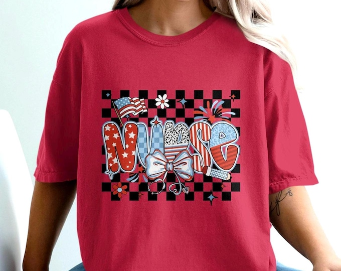 Patriotic Nurse Comfort Colors T-Shirt, Nurse Life Tee, American Flag Nurse Shirt, Checkered Pattern Nurse T-Shirt, Nurse Appreciation Gift