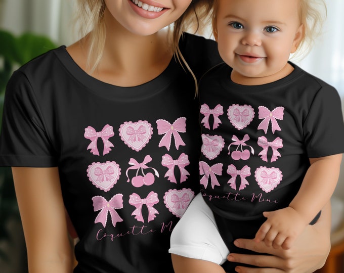 Mama and Mini Coquette Pink Bow T-Shirts, Pink Bow Mommy and Me Matching Outfits, Pink Bow Heart Tees, Mother Daughter Gift, Preppy Matching