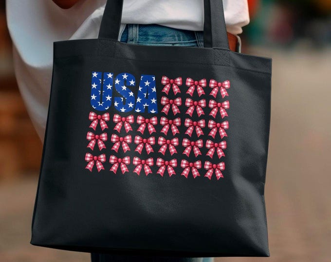 Patriotic USA Flag with Red Checkered Bows Tote & Tee for 4th of July Shirt, American Pride Tote, Independence Day Stars and Stripes Tote