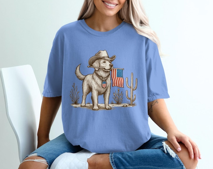 Cute Dog Wearing Cowboy Hat Holding American Flag T Shirt, Patriotic Dog Illustration Tee, American Flag Dog Graphic Shirt