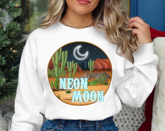 Neon Moon Desert Scene Sweatshirt, Retro Western Graphic Sweatshirt, Neon Night Sky Cactus Sweatshirt, Country Line Dancing Sweatshirt