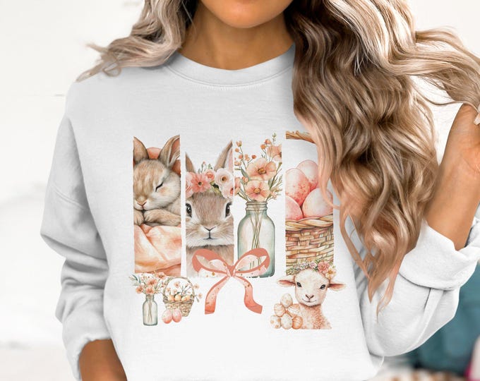 Cute Easter Bunny Floral Egg Basket T-Shirt, Spring Animal Shirt, Adorable Lamb Graphic Tee, Perfect Easter Outfit