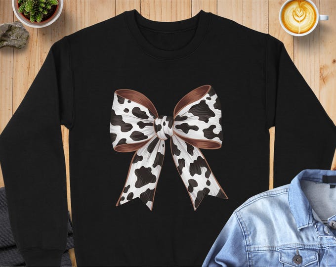 Cow Print Bow Sweatshirt, Unique Design Sweatshirt, Cute Animal Print Sweater, Trendy Casual Top, Fun Graphic Pullover