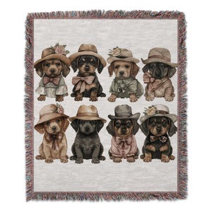 Puppies in Hats Woven Blanket: Soft Cotton Throw with Fringe