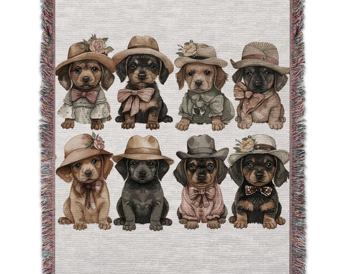 Cute Puppies Graphic Woven Blanket, 60 x 80 Inches, Cozy Soft Cotton, Decorative Fringe, Adorable Puppy Design, Perfect Gift
