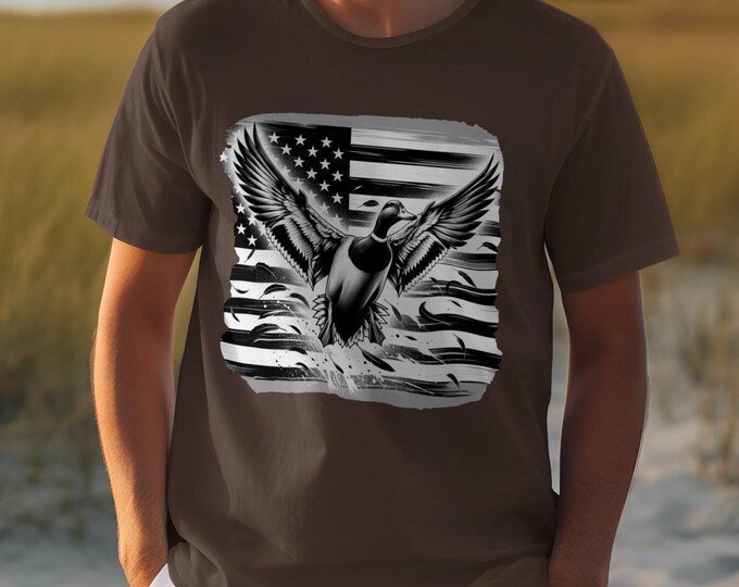 Patriotic Duck Print T-Shirt, American Flag Duck Graphic Tee, Unique Duck Art Shirt, 4th of July Duck Shirt, USA Themed Duck Tee