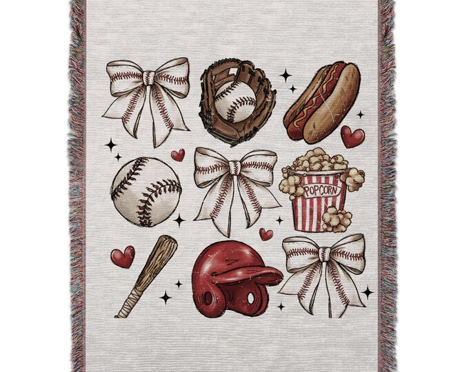 Baseball Woven Blanket for Fans – Coquette Baseball Bows & Glove Design with Hotdog Print, Soft Cozy Throw