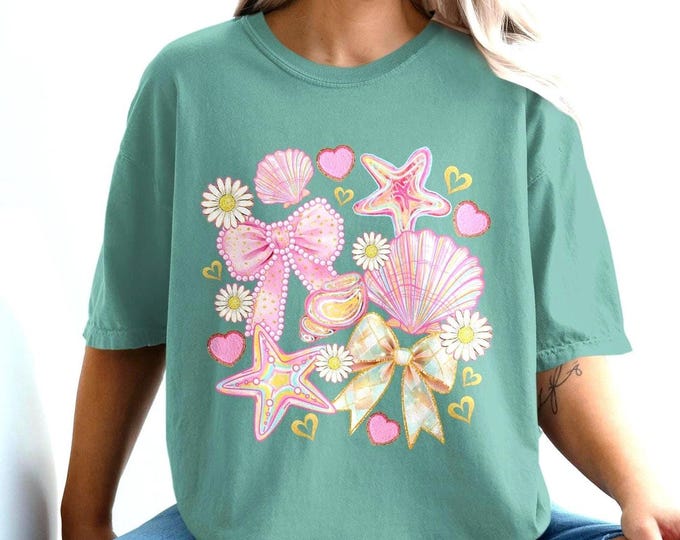 Cute Seashell and Bow Design T-Shirt, Colorful Starfish and Heart Illustration Tee, Charming Daisy Flowers Print Shirt