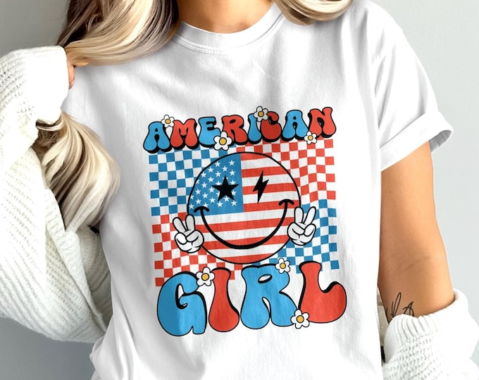 In My American Girl Era Retro Graphic Tee, Patriotic Shirt, 70s Style Typography, Trendy Festival Outfit, Vintage Look