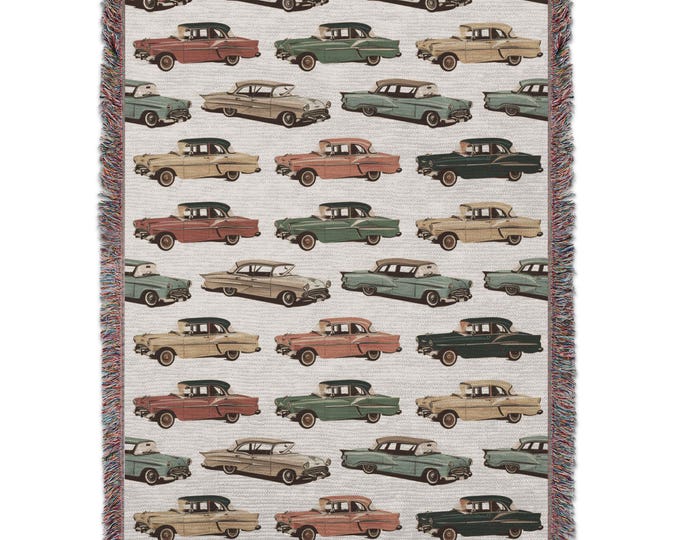 Vintage Car Woven Blanket, Classic Car Throw Blanket, Retro Car Woven Pillow, Colorful Vintage Autos Decor, Road Trip Gift, Kids Room Decor