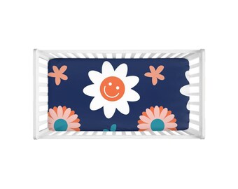 Blue Retro Floral Crib Sheets, Soft Crib Sheets, Floral Nursery Decor
