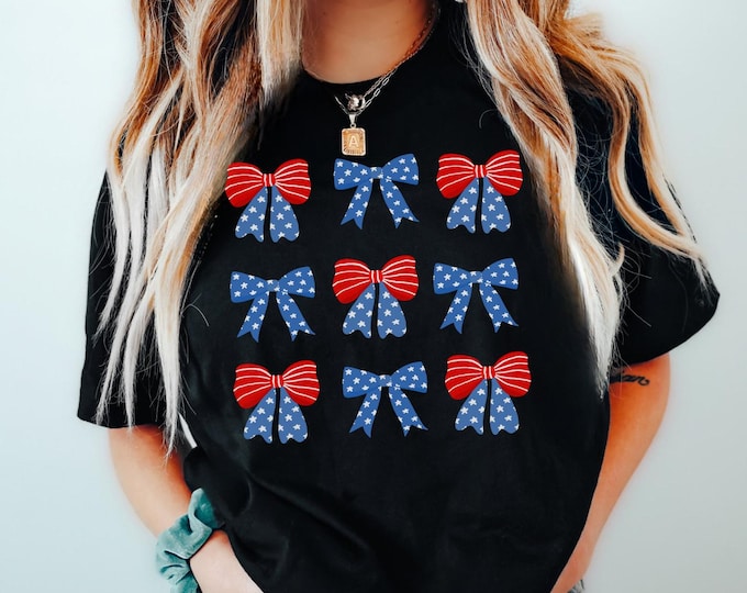 Coquette Patriotic Bow T-Shirt, Comfort Colors Coquette Red and Blue Bows Tote, Patriotic Holiday apparel, Election 2024