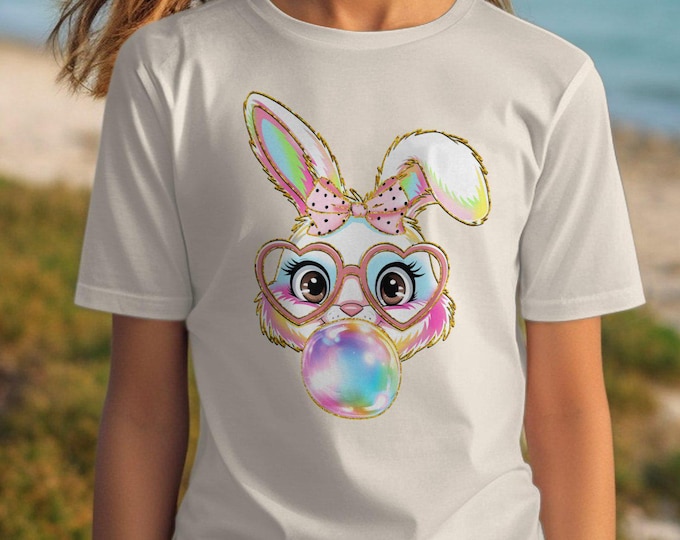 Cute Bunny T-Shirt, Adorable Bunny Blowing Bubblegum Tee, Fun Rabbit with Glasses Graphic, Pink Bow Shirt for Kids and Adults