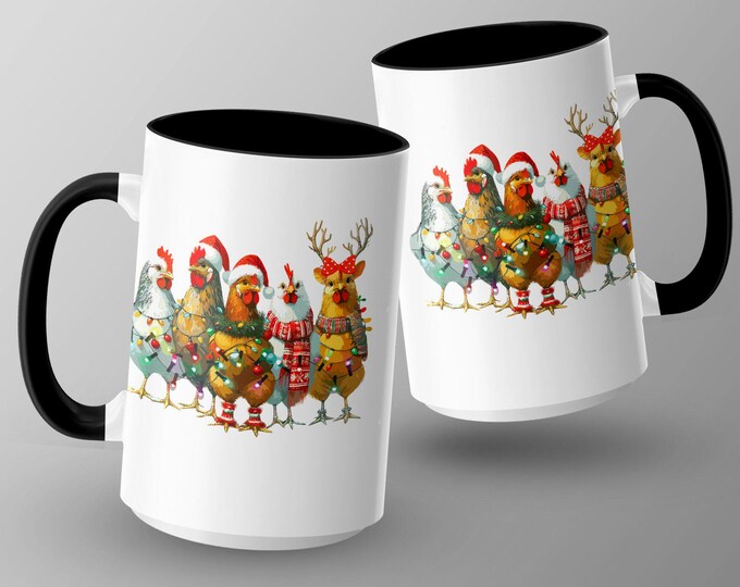 Funny Christmas Chicken Mugs, Chicken Mug with Christmas Lights, Farmhouse Holiday Mug, Gift for Chicken Lovers, Cute Christmas Mug
